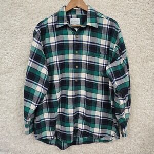 Johnson Woolen Mills Flannel Shirt Mens Large Green Blue Plaid 100% Cotton